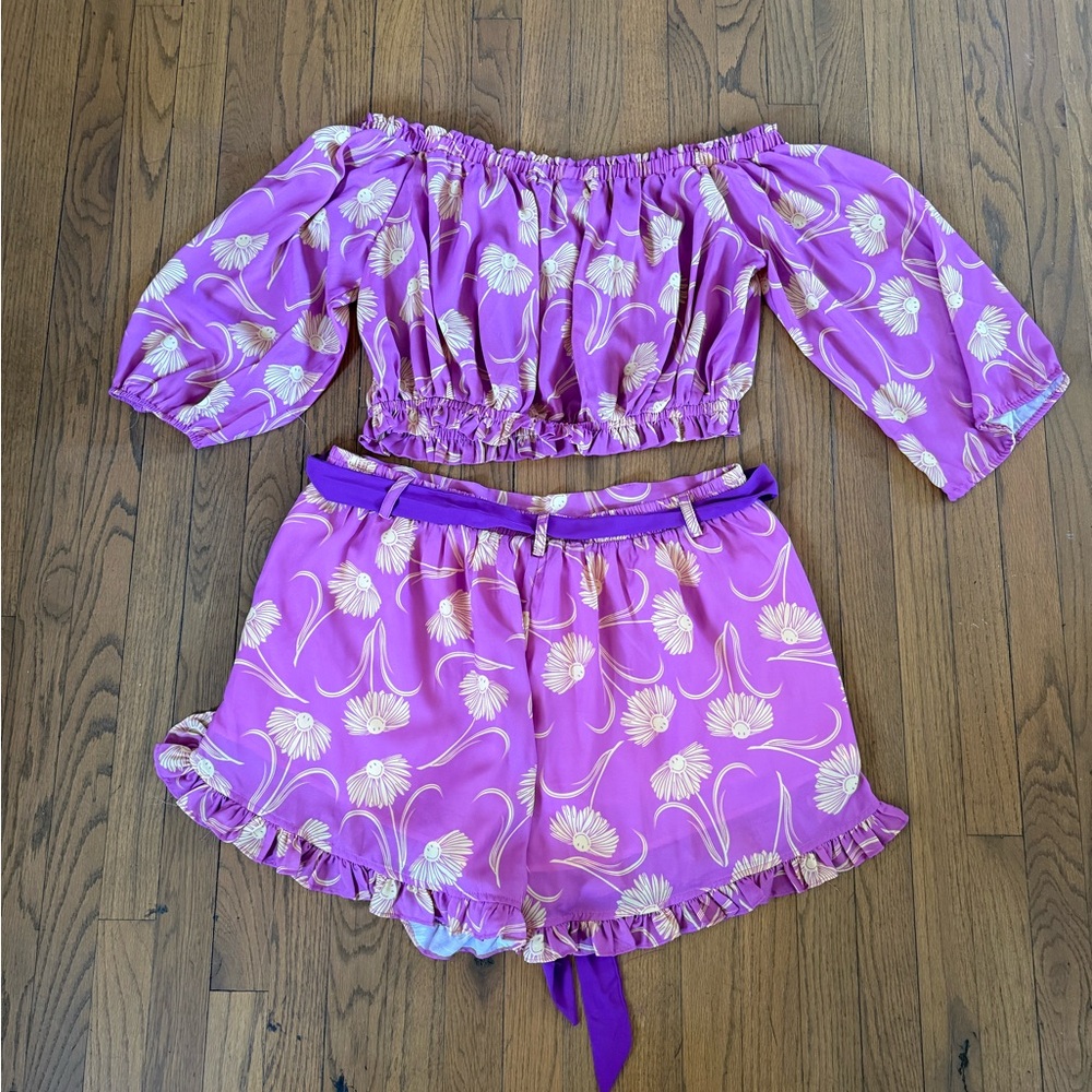 Unique vintage 😃 smiley Off-Shoulder Pink Floral Crop Top & short Set Plus Sz - Picture 4 of 6